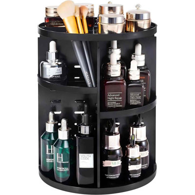 360 Rotating Makeup Organizer,DIY Adjustable Spinning Holder,Foldable Cosmetic Storage Display Box,Large Capacity Make Up Caddy Shelf,Fits Countertop Vanity And Bathroom (BLACK)