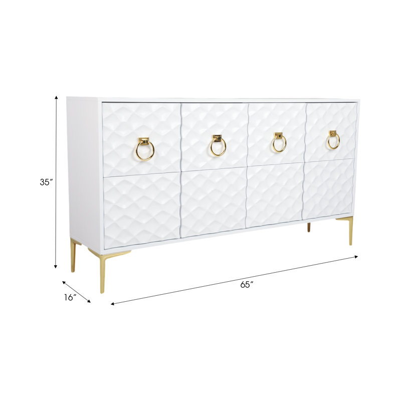 Wood, 65X35 Sideboard Cabinet Rectangle, 35"H, Textured - 65" x 16" x 35", White/Gold