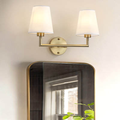 2 - Lights Brass Armed Wall Sconce With Linen Lamp Shades For Bathroom Vanity Hallway Stairway Living Room