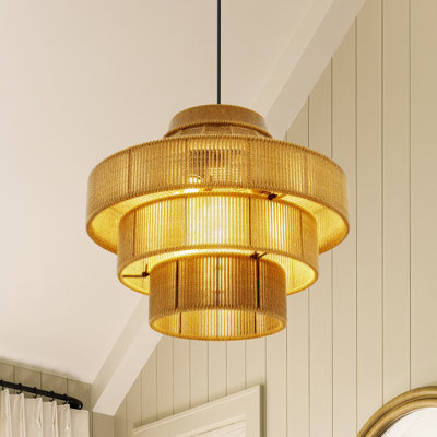 3-light Hemp Rope & Rattan Chandelier - E26, Adjustable Height Bohemian Farmhouse Pendant（bulb Not Include）
