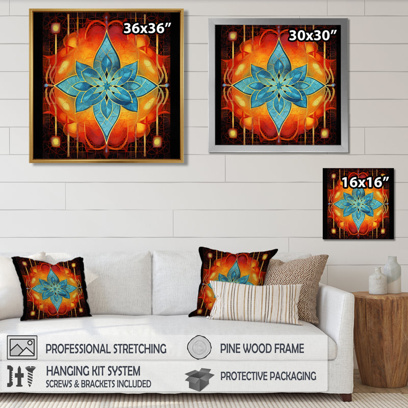 Étoile bleue éthnique - Boho Mandala Wall Art Living Room, Toile avec cadre flottant noir, H 16 po x l 16 po x P 1 po