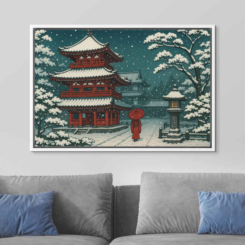 Temple japonais enneigé avec un parapluie rouge, reproduction d'art sur toile encadrée dans la chambre principale, Blanc