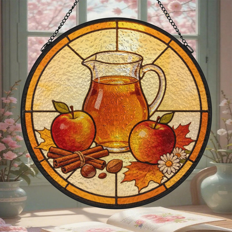 Pichet en vitrail avec pommes et panneaux de vitrail d'automne Suncatcher pour décor de fenêtre, 7.8x7.8in(20x20cm)