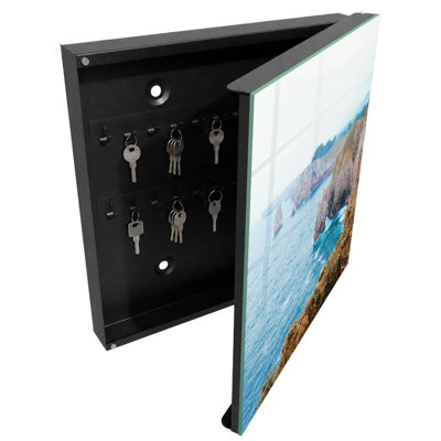 Decorative key box for wall, Opens to the right, 30x30x5, Black, Picturesque cliffs above the blue sea, 