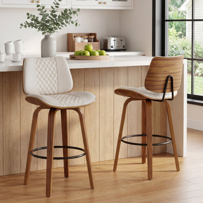27.7" Mid-Century Faux Leather Counter Stool With Wood Legs and Metal Footrest