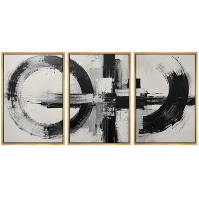 Œuvre abstraite à coups de pinceau circulaires noirs, Décoration murale pour bureau, Impression giclée sur toile encadrée (3 pièces)