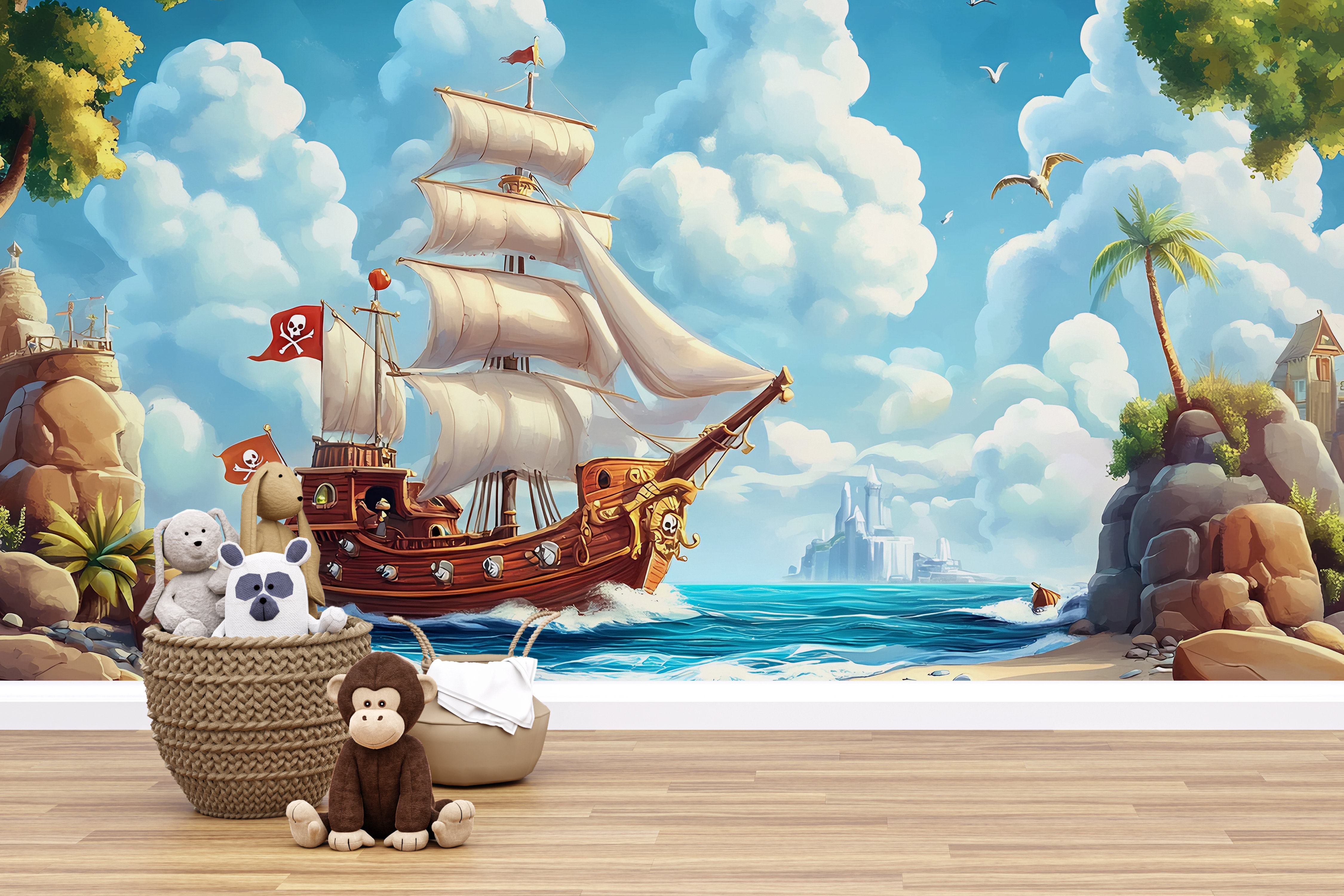 Sunside Sails Pirate Ship Wallpaper For Kids Room – Cartoon Sea Adventure  Wall Mural – Nautical Ocean Boys Bedroom Decor – Sailing Ship Fantasy Wall  ..., image size:4500x3000
