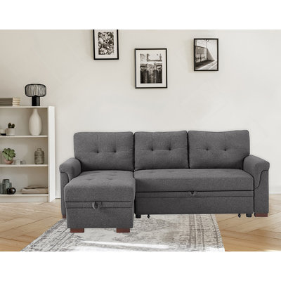 84" Dark Gray Linen Reversible Sleeper Sectional Sofa With Storage Chaise