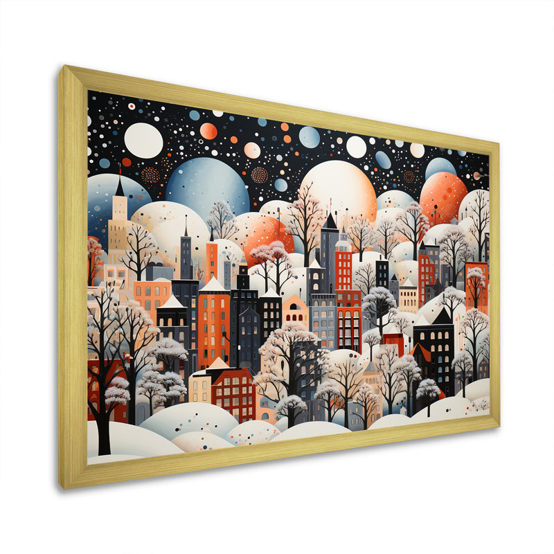 «Orange Bubble Winter Village Art Deco», art mural ville art déco, Cadre doré à coins fermés, H 12 po x l 20 po x P 1 po