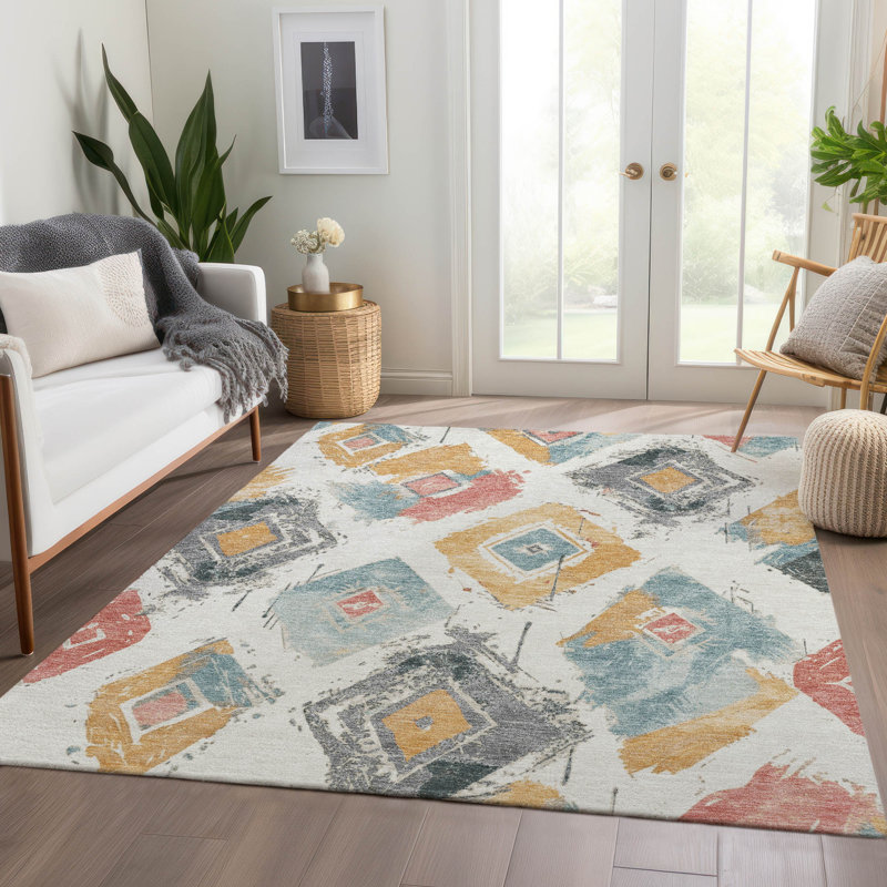 Ivory Diamond Pattern Machine Washable Synthetic Rug, 3' x 5'