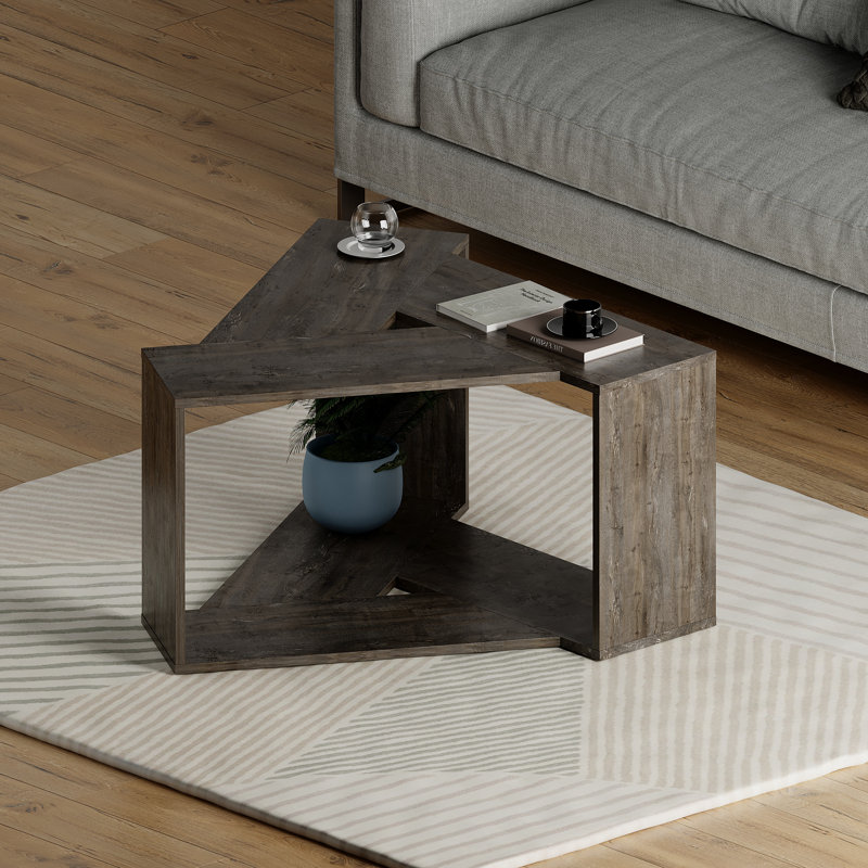 Trio Floor Shelf Coffee Table with Unique Triangular Prism Design, Dark Coffee