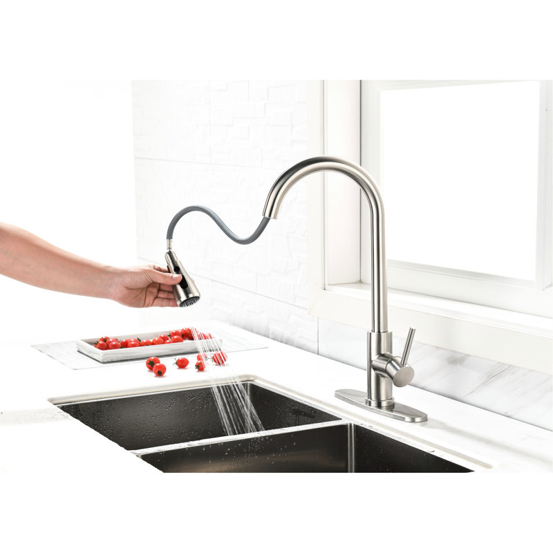Pull Down Stainless Steel Kitchen Faucet - Brushed Nickel High Arc Single Handle Tap For Efficient Water Management Out Level Sink With 360 Rotation Feature