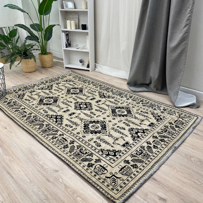 Tapis en coton tissé lavable beige et noir Alfa