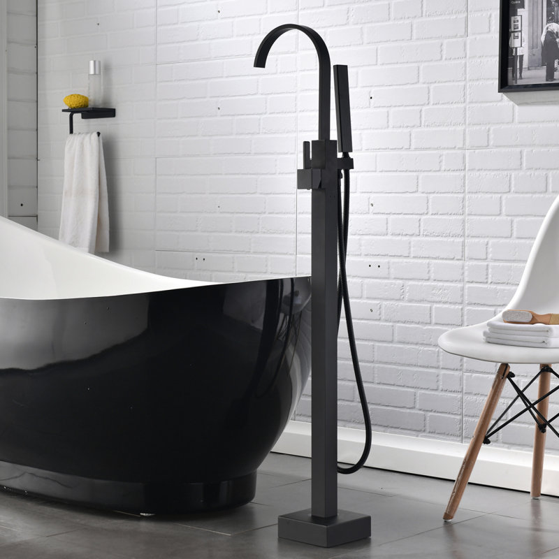 Robinet de baignoire autoportant monocommande à fixation au sol avec douche à main (nickel brossé)