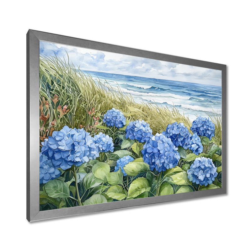 Hydrangeas In The Coastal Garden III - Hydrangea Framed Prints, 30" H x 40" W, Picture Framed Print, Silver