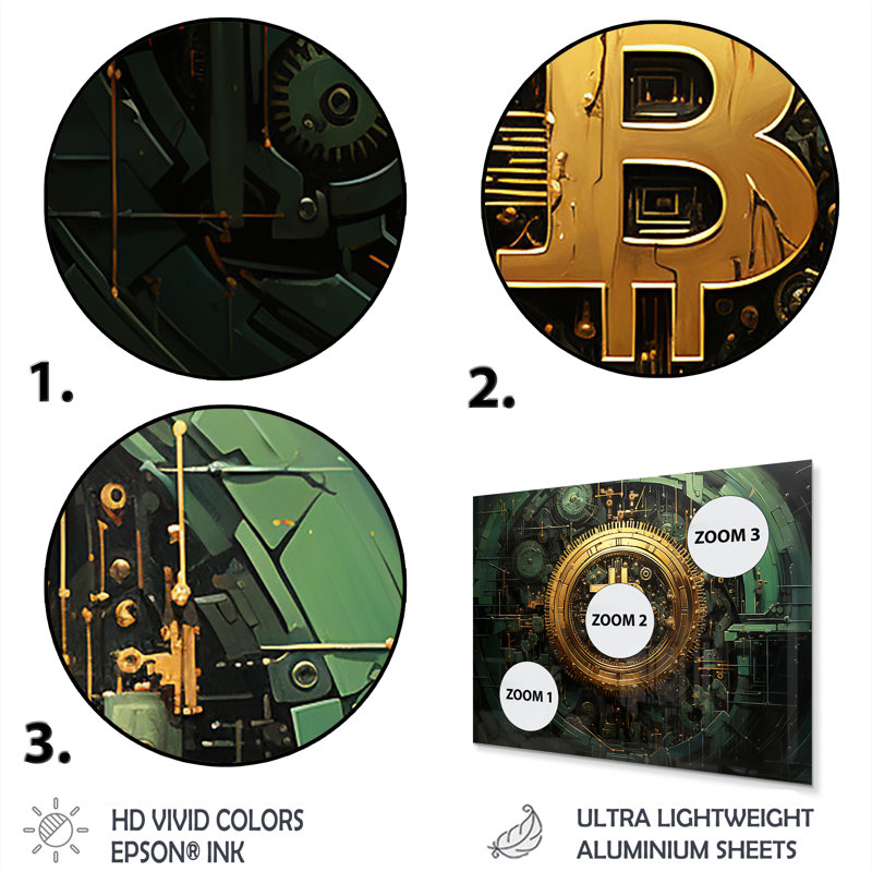 Or et vert, Crypto monnaie de Bitcoin - mode, art mural en métal, H 24 po x l 32 po x P 1 po