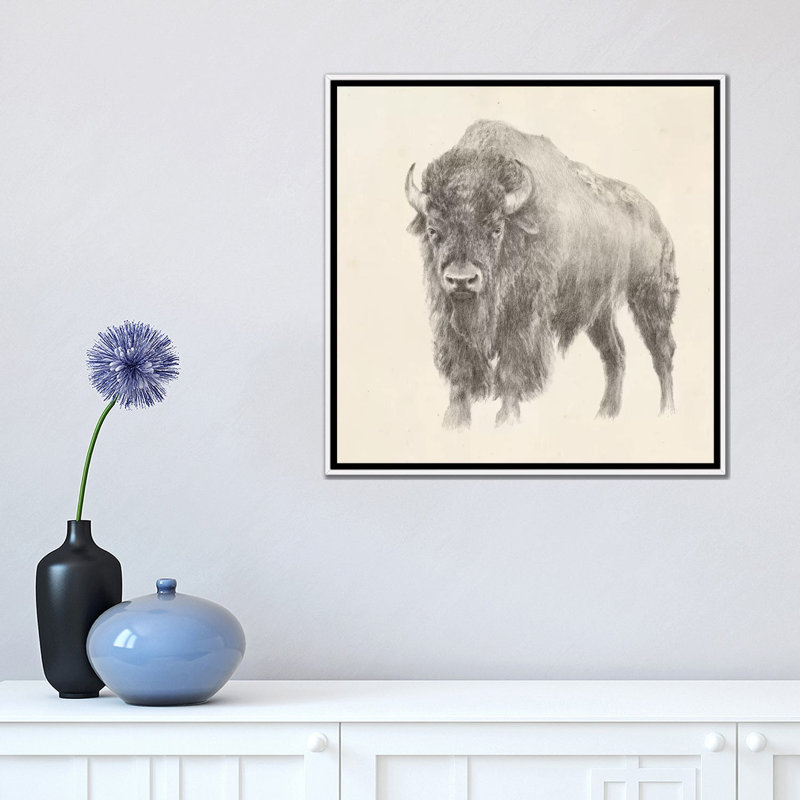 "Western bison study" par Ethan Harper, reproduction d’art, H 18 po x l 18 po x 1,5 po, Toile blanche encadrée, Pas de tapis