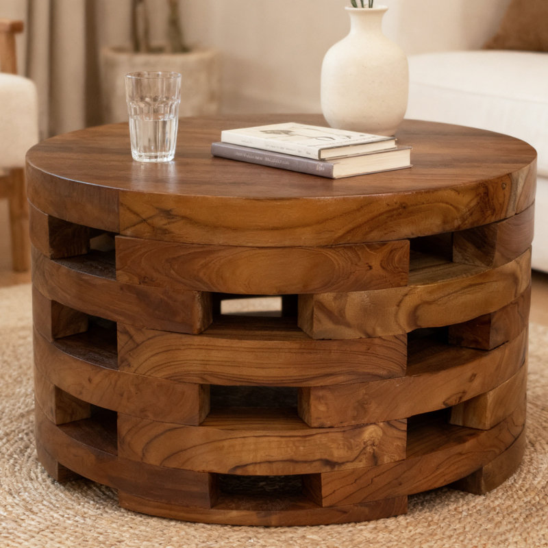 Solid Wood Slatted Drum Style Round Coffee Table