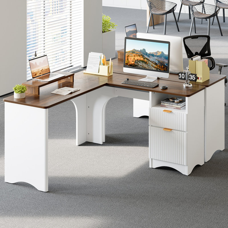 Bureau d'ordinateur en L de 55,7 po avec tiroir-classeur et caisson de tiroir Derick, Noyer/blanc