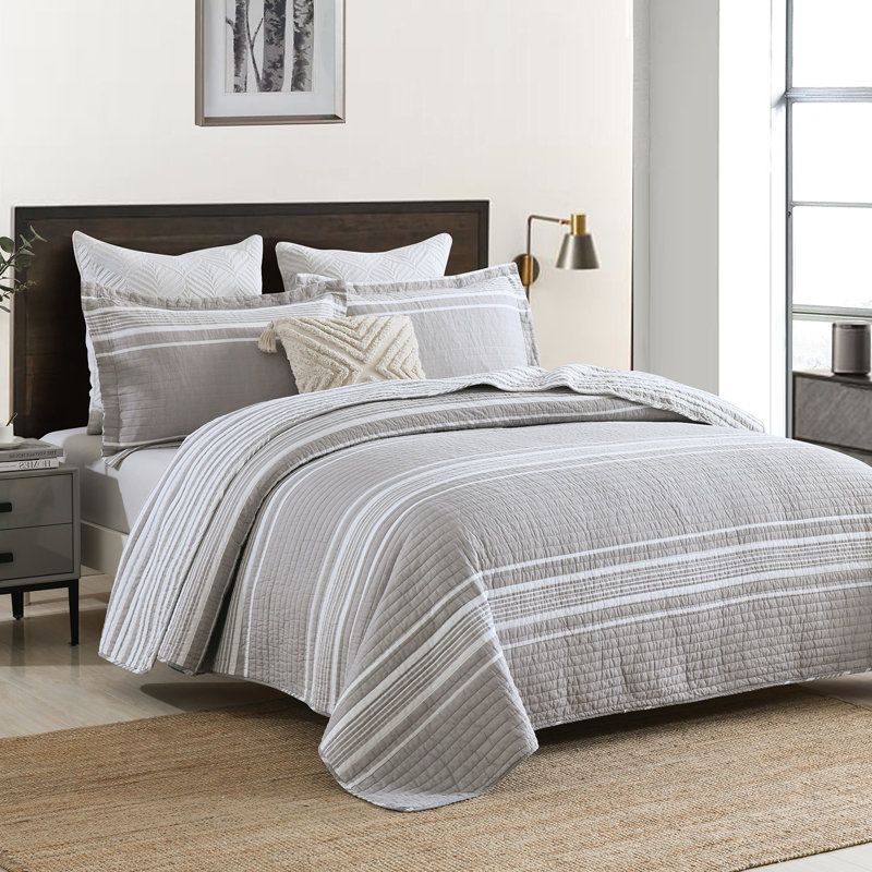 Ensemble de courtepointe 100% coton 98 po x 90 po DDUOXIN - 1 courtepointe avec 2 taies décoratives, Gris / Blanc