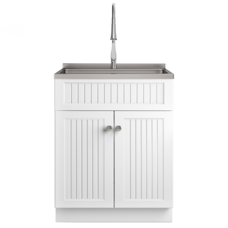 Évier utilitaire et armoire à lessive 28 "avec robinet à grande arche et évier en acier inoxydable Beckham, blanc