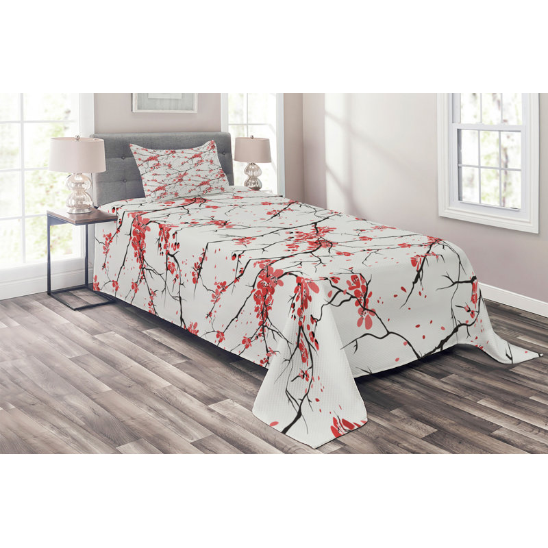 White Twin Quilted Bedspread Set with Floral Design