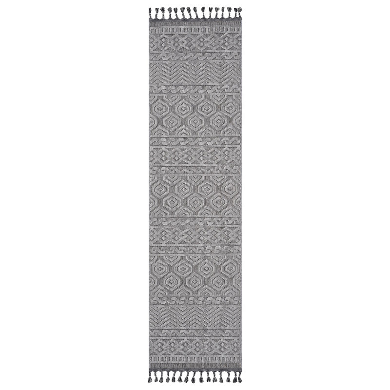 Collection Geometric Indoor/Outdoor Area Rug, Runner 2'2" x 8', Gray/White