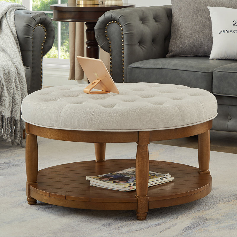 Grande table basse ronde avec repose-pieds rembourré en lin et grand repose-pieds avec rangement en bois, Ivoire ivoire, Brun