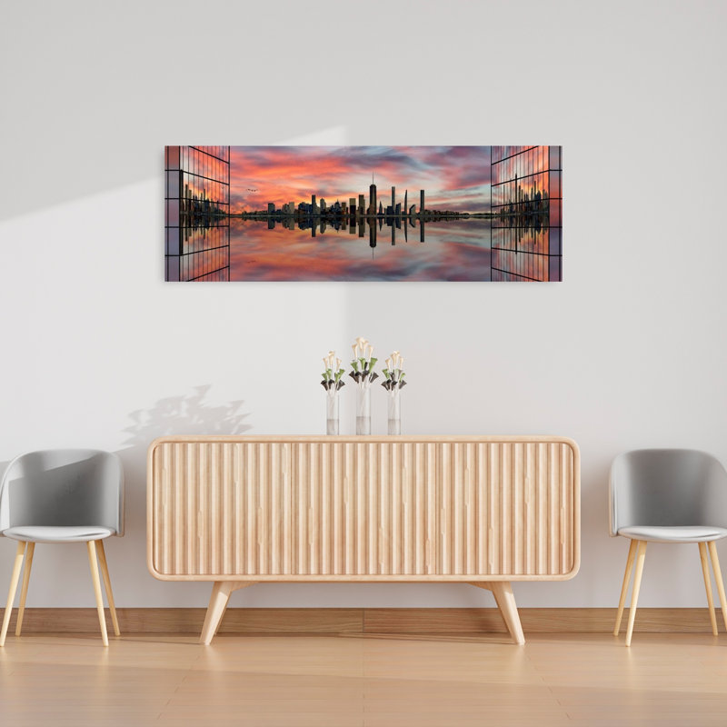 «Dramatic City Sky Reflection Colorful Dramatic Modern Architecture City», art mural, H 16 po x l 48 po