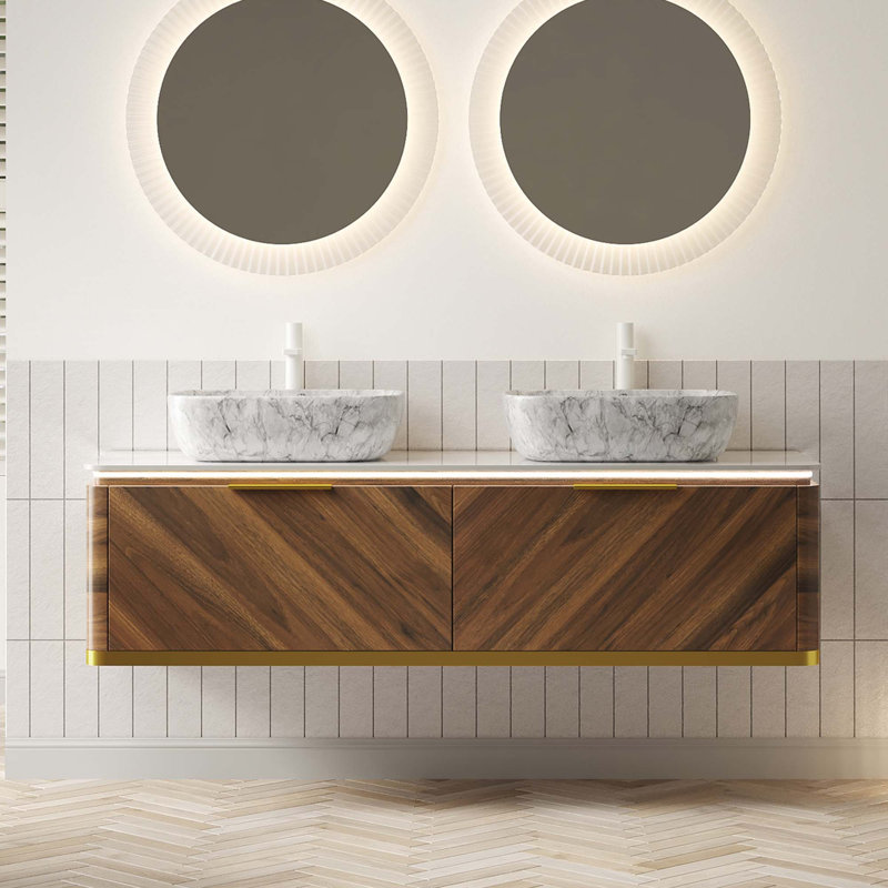 Meuble-lavabo 60 po avec lavabo en contreplaqué flottant avec 2 tiroirs et capteur de lumière 60 po, Noyer foncé
