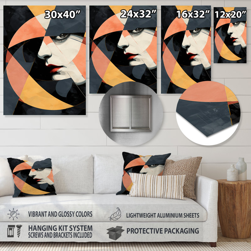 «Black and Pink Woman Cubist Portrait I - Abstract Cubism», reproduction d'art murale en métal, H 32 po x l 16 po x P 1 po