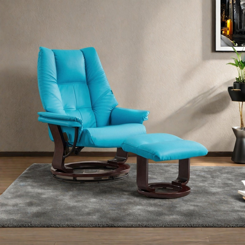 Solid wood comfortable lounge chair, Blue Faux Leather, Brown
