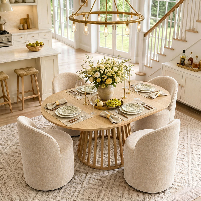 4 - Person Dining Table Sets With Extendabe Oval Table & 4 Upholstered Chenille Rolling Chairs, Brie