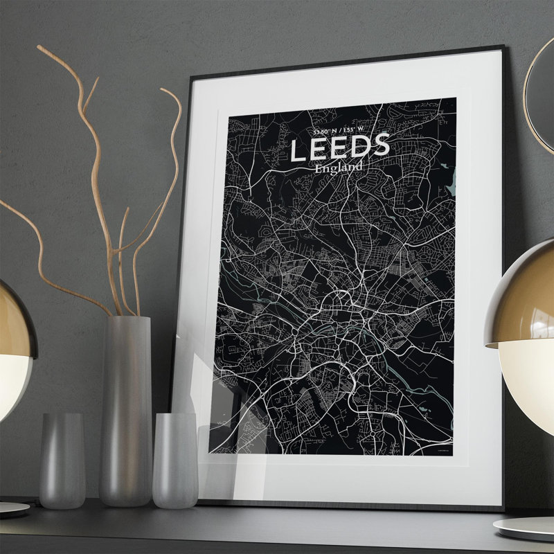 Carte de la ville de Leeds, impression, H 36 po x l 24 po, Gris / noir