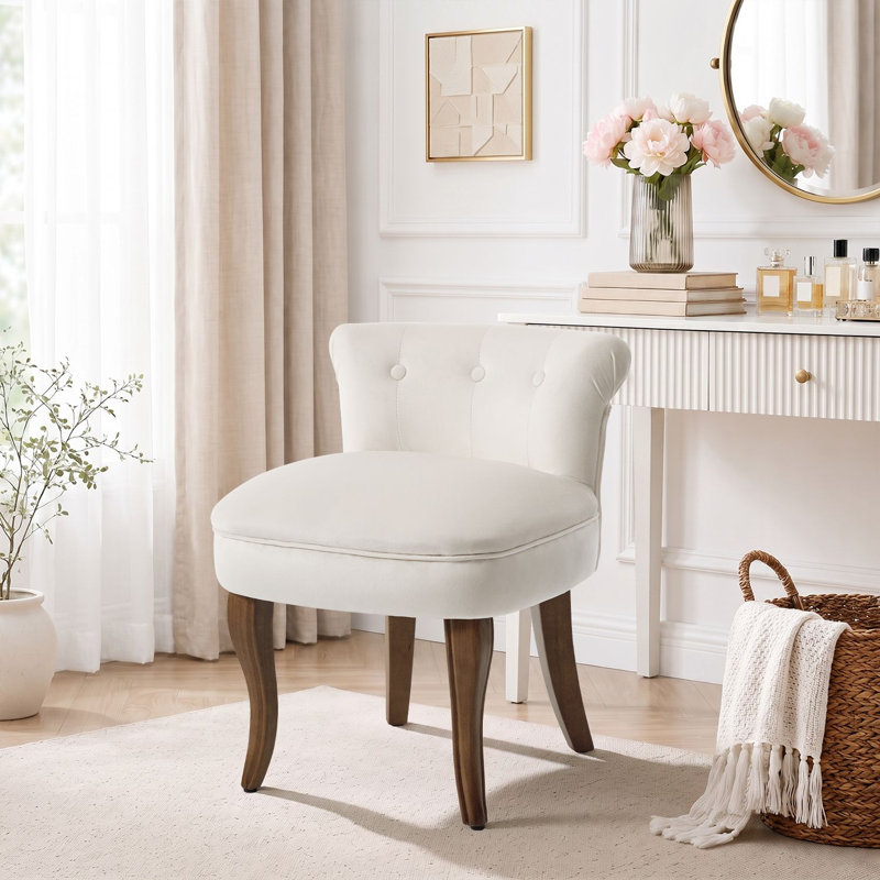 Chaise de coiffeuse rembourrée de 65,3 cm (25,7 po) avec dossier bas et pieds en bois massif, Beige