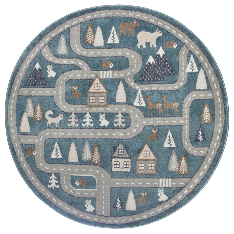 Adventures Children Teal Rug, Round 100cm