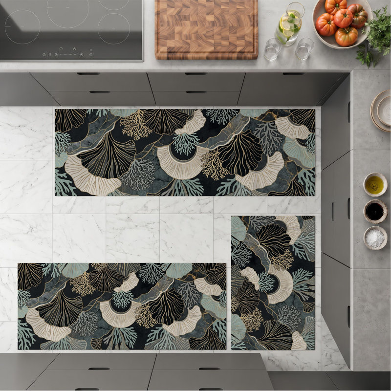 Botanical Wave Non-Slip Washable Kitchen Mats