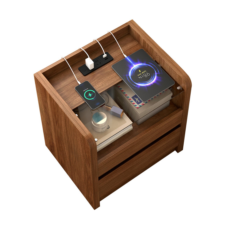 Walnut Nightstand with Charging Station, 20 Inch Wide Night Stand with Deep Drawers, Modern Bedroom Bedside End Table with Round Corners & Reinforced Panel Design for Dorm, Sofa, Office