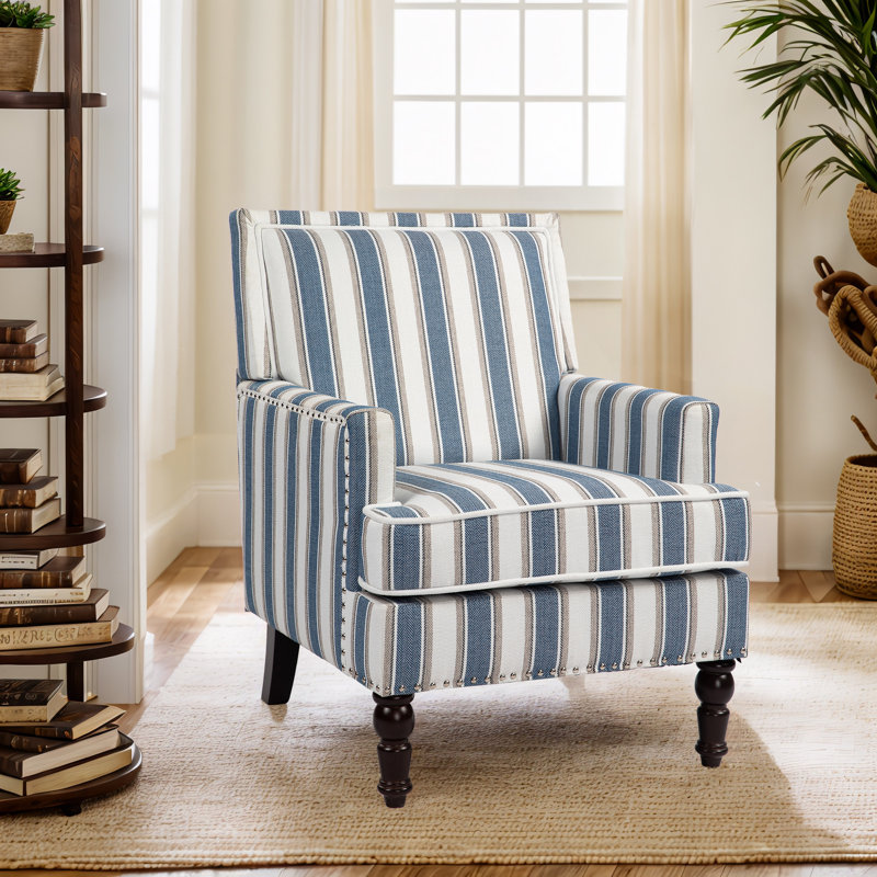 Clorice Classic Mid-Century Modern Armchair with Nailhead Trim, Blue Striped Linen