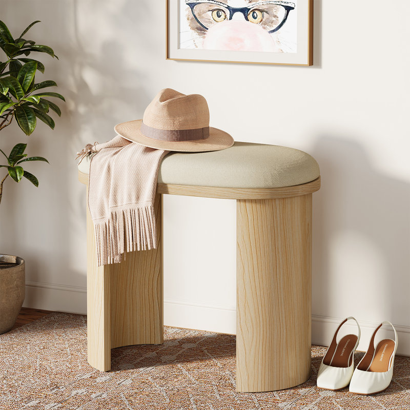 Vanity Stool with Wood Base and Upholstery, Accent Stool for Bedroom, Living room