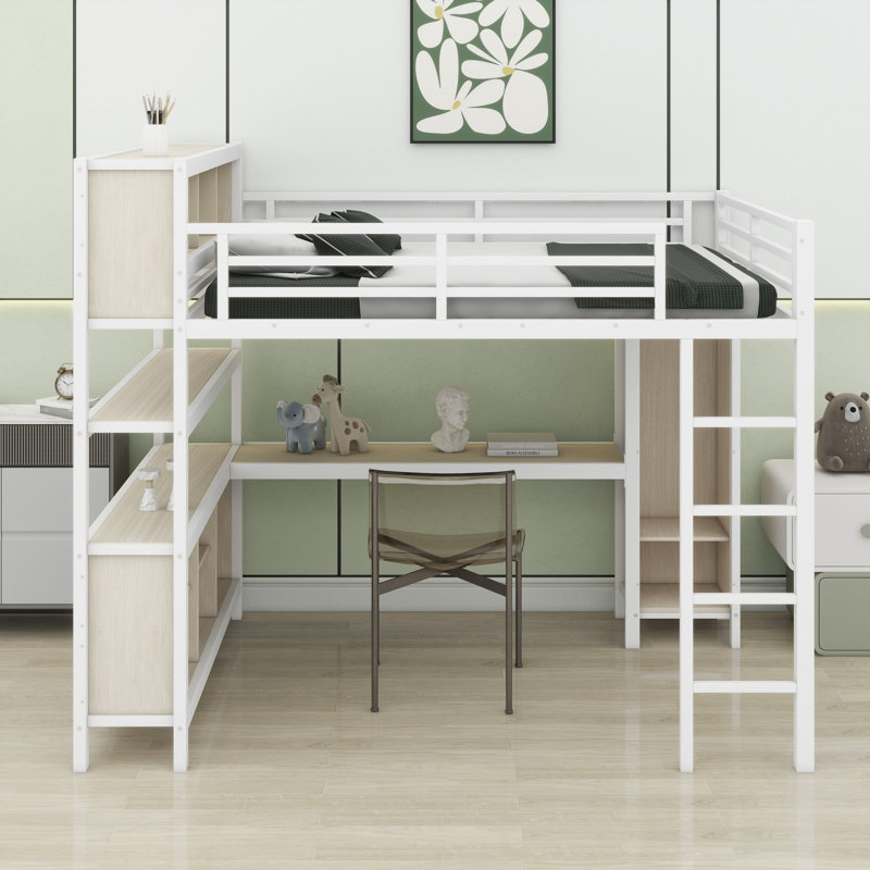 Lit mezzanine peu encombrant avec placard intégré, bureau d'étude et cubes d'organisation, Grain droit blanc