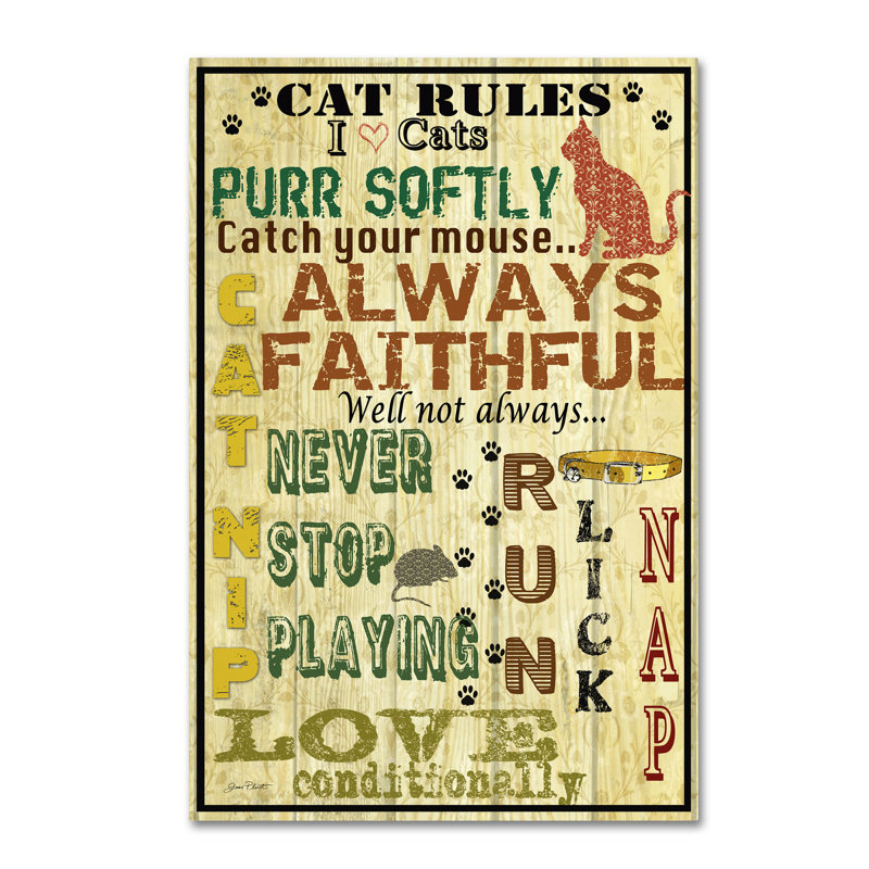 « cat rules », art textuel sur toile tendue, H 19 po x l 12 po