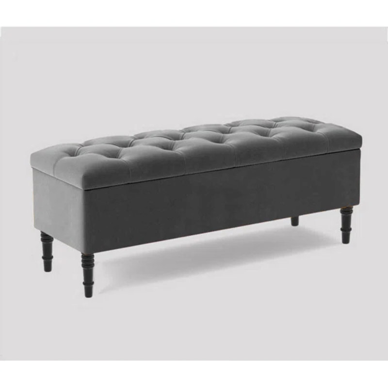 Swiss Chesterfield Ottoman Storage Bench - Upholstered Plush Velvet Shoes Bench with Black Turned Wooden Legs, Grey Plush