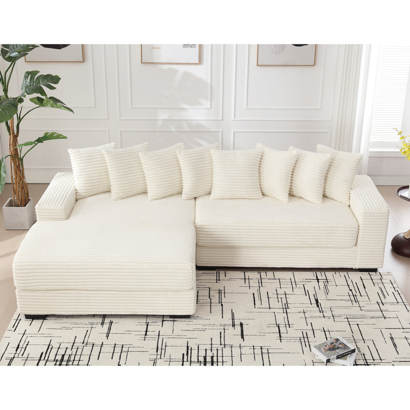 Surdimensionné beige avec velours côtelé et méridienne gauche, méridienne luxueuse, 8 coussins, support stable, salon moderne à assemblage facile