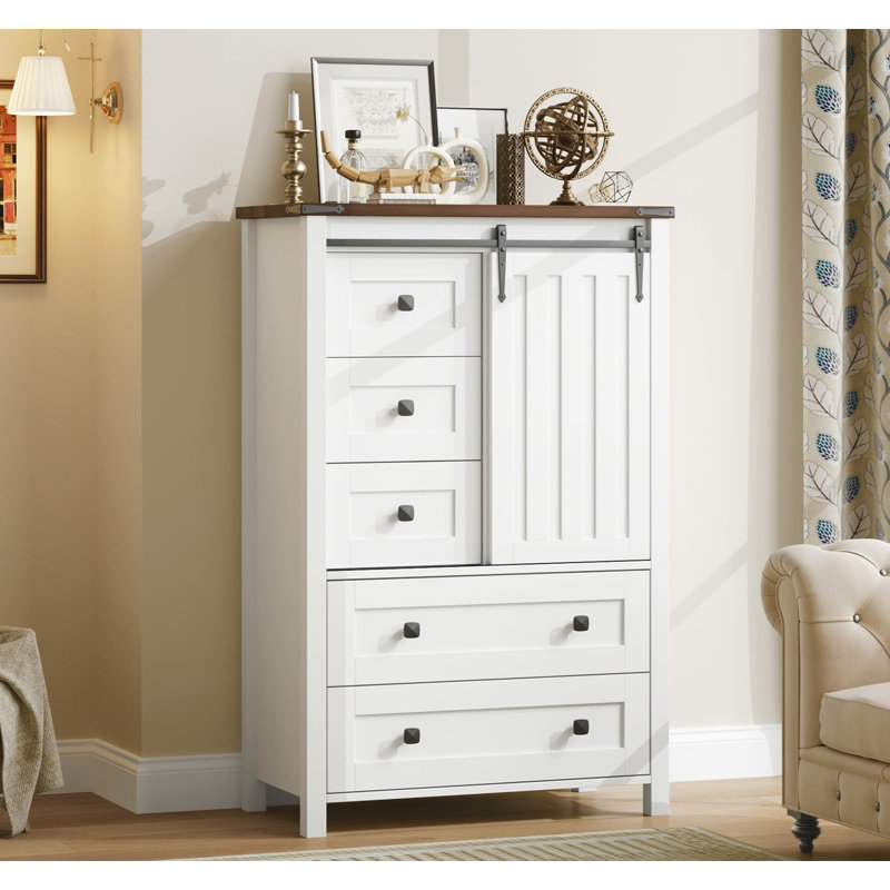 48" Tall Farmhouse 5 Drawer Dresser for Bedroom, Wood Chest with Sliding Barn Door & Adjustable Shelf, White
