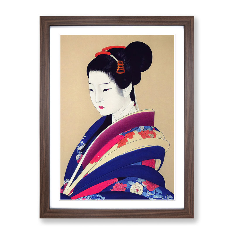 View of a Geisha No.5 1 Piece Single Picture Frame Painting, 64cm H x 46cm W x 2cm D, Brown Framed