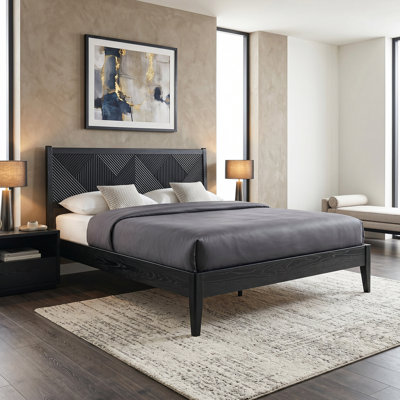 Averin King Size Modern Solid Wood Platform Bed Frame, AVB-48-K, with Geometric Headboard, Ebony Black, No Box Spring Needed