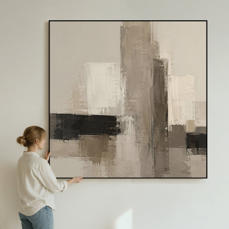 Très grand, reproduction d'art sur tissu - Beige à motif de blocs abstraits, décor de bureau moderne - «Assemblage requis du cadre (cadre non fini)»