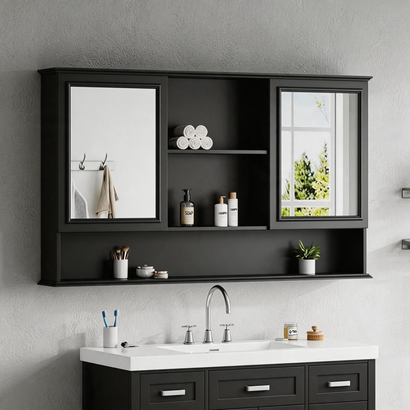 Armoire de toilette murale à miroir, Noir