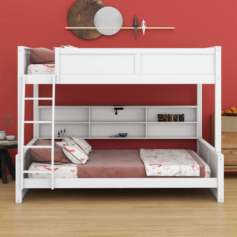 Lit superposé avec armoires de rangement et ports USB, Lit superposé double sur grand, Blanc antique